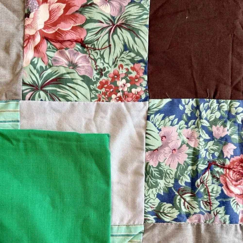 VTG Handmade Patchwork‎ Square Color Block Quilt Green Back 72